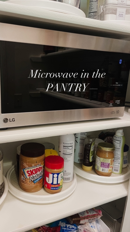 Pantry Shelf Layout with Microwave & Woven Baskets