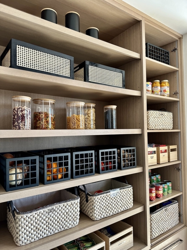 Pantry Shelving System with Woven Baskets and Glass Jars