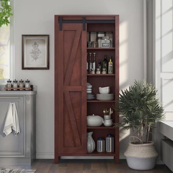 Pantry Storage Cabinet featuring Sliding Barn Door and Open Shelving