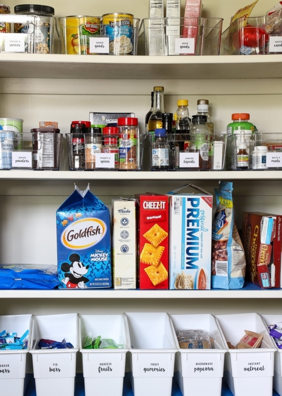 Pantry Storage White Built-In Shelving Woven Baskets Modern Layout