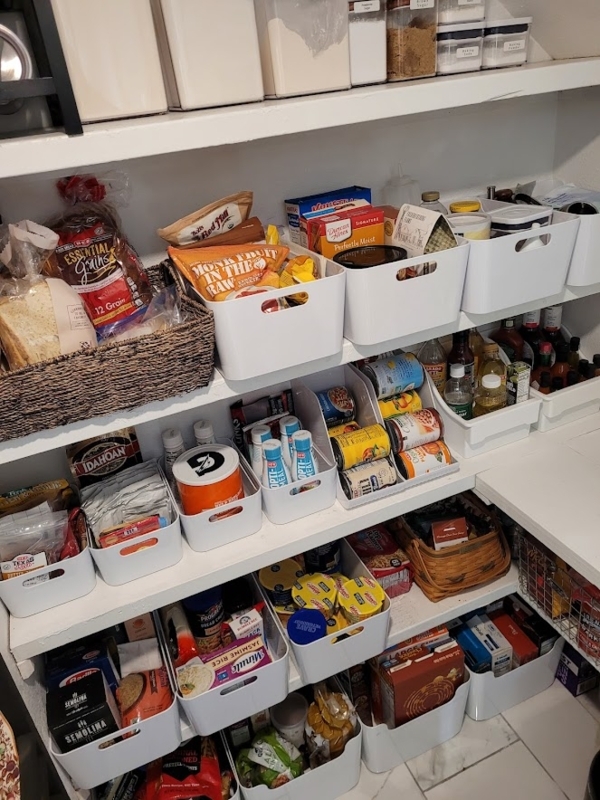 Pantry Storage with Woven Rattan Accents White Wire Shelving Layout