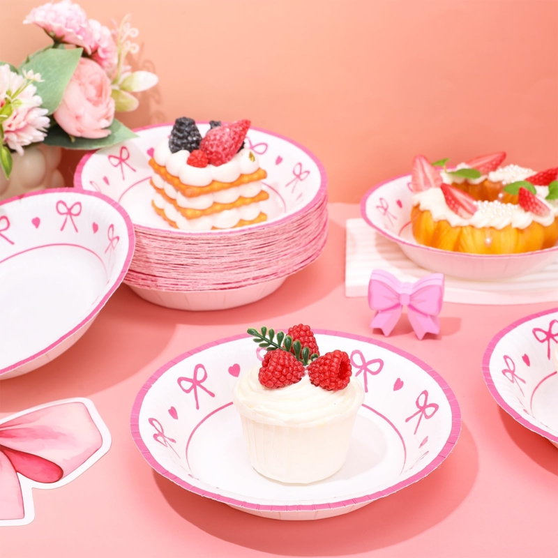 Paper Bowl Pink Heart Pattern Bowknot Graphic Coquette Party Supplies