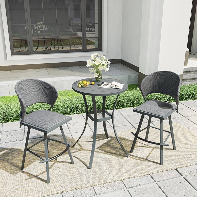 Patio Bar Set 3-Piece Dark Grey Rattan Swivel Stools Slatted Table