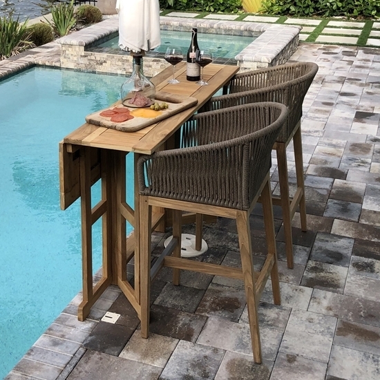 Patio Bar Set featuring Drop Leaf Wood Table and Slatted Stools
