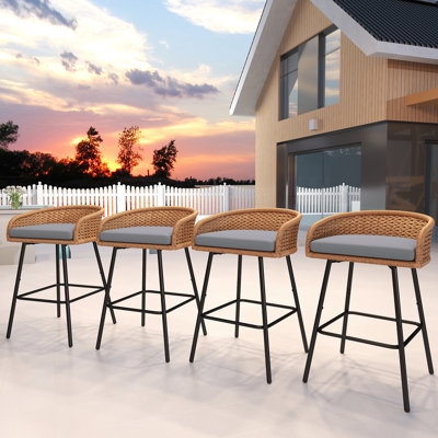 Patio Bar Stool with Charcoal Woven Rope Design and Removable Cushions