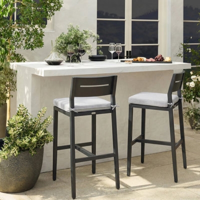 Patio Bar Stool with Slat Back Design and White Cushions