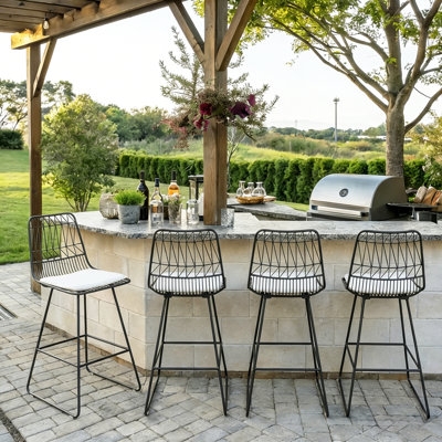Patio Bar Stool with Sled Base Black Metal Frame and Beige Cushion