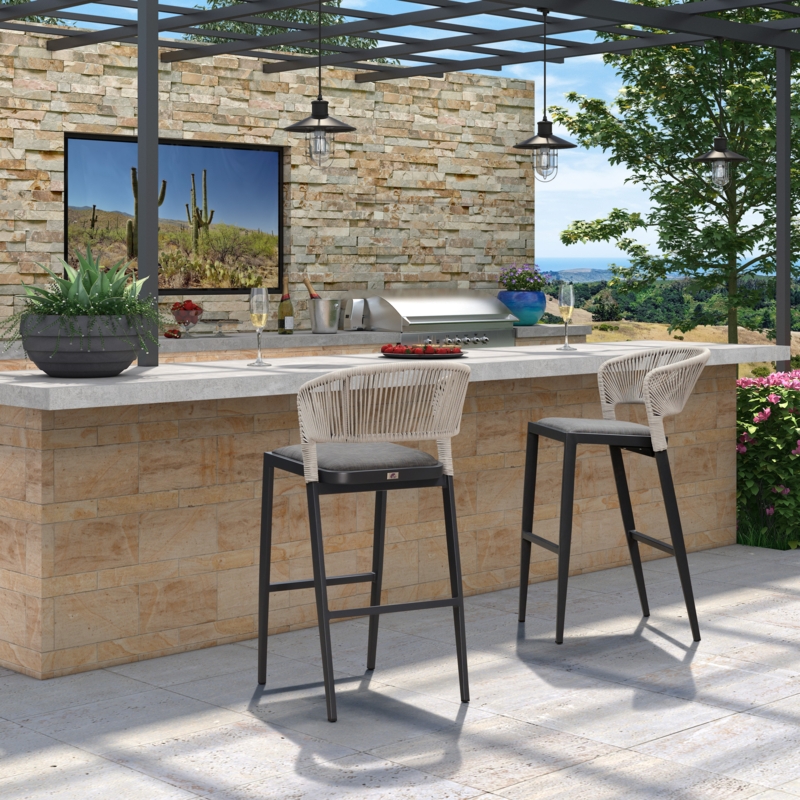 Patio Bar Stool with Woven Cord Back, Charcoal Frame, Beige Cushion