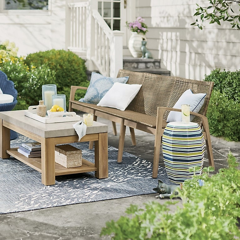 Patio Coffee Table Cement Top Wood Toned Base Mixed Material Coastal