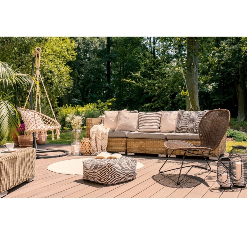 Patio Conversation Set Slim Metal Frame Wood Armrest Accents Boxed Cushions