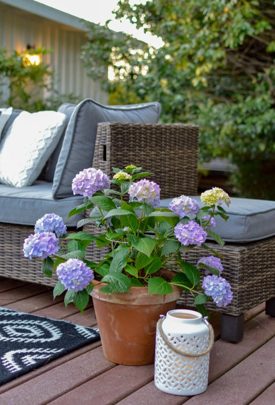 Patio Decor Covered Grey Wicker Sectional Blue Geometric Rug Cottage