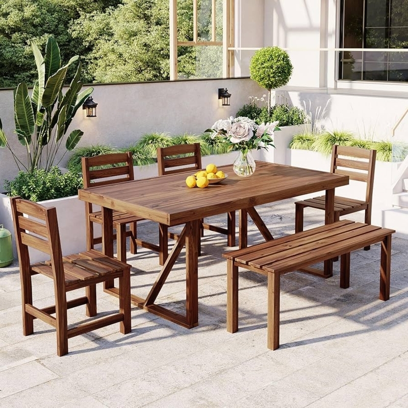 Patio Dining Set 6-Piece Honey Brown Slatted Wood with Bench Seating
