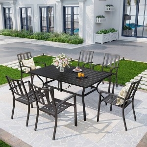 Patio Dining Set 7 Piece Black Metal Frame Wood Toned Slat Top