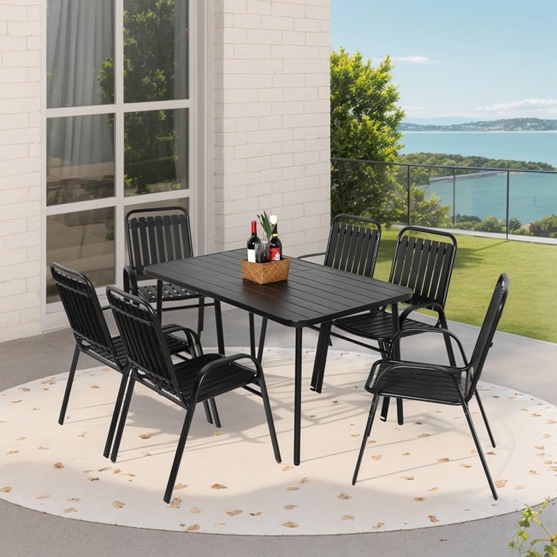 Patio Dining Set 7 Piece Black Metal Table Perforated Plastic Chairs