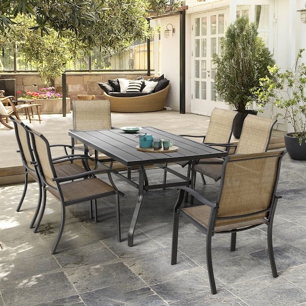 Patio Dining Set 7-Piece Matte Black Mesh Seating Modern