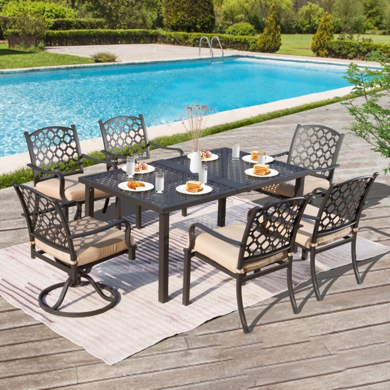 Patio Dining Set 7 Piece Slatted Wood Look Top Metal Frame