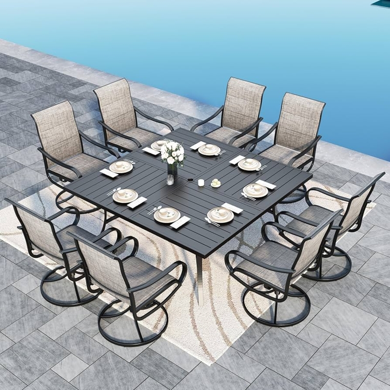 Patio Dining Set 9 Piece Bronze Metal Padded Textilene Swivel Chairs