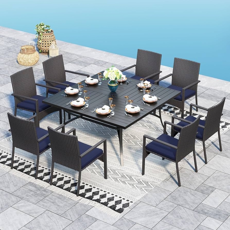 Patio Dining Set 9 Piece Square Black Metal Table Rattan Chairs
