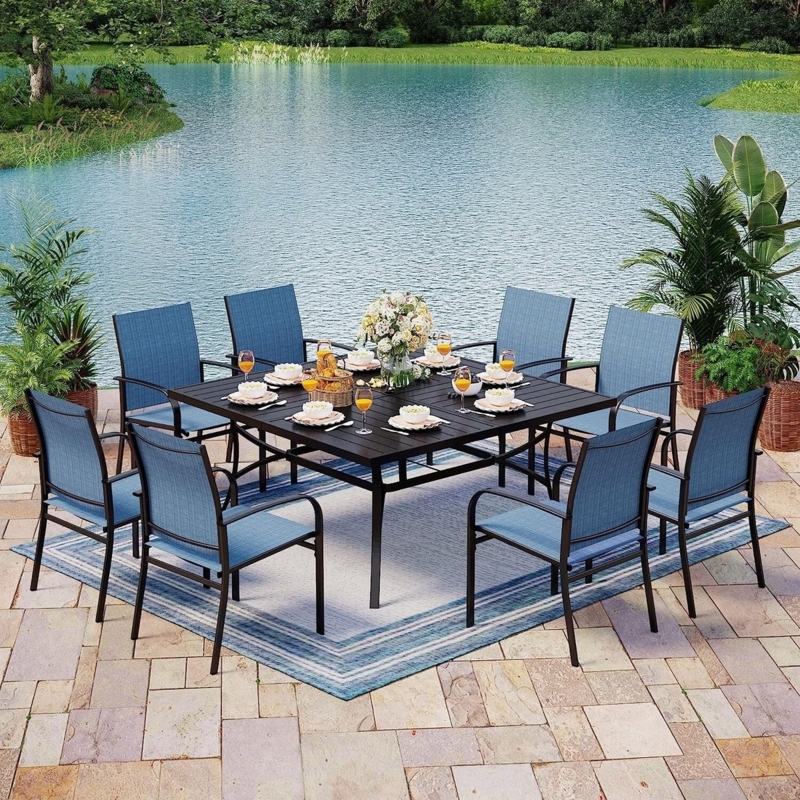 Patio Dining Set 9 Piece Square Dark Wood Toned Slat Back Chairs