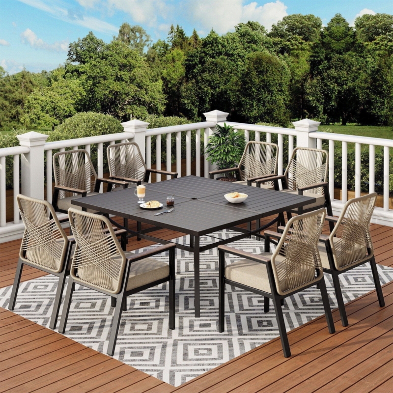 Patio Dining Set 9 Piece Square Wood Toned Table Rope Woven Chairs