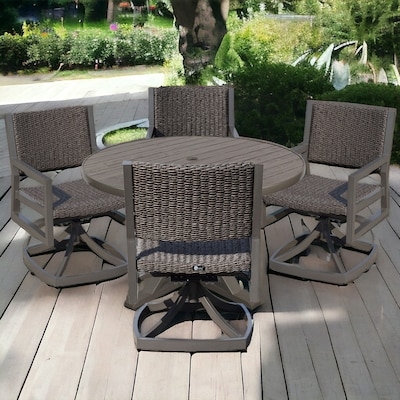 Patio Dining Set Bronze Finish Slat-Back Chairs and Beige Cushions