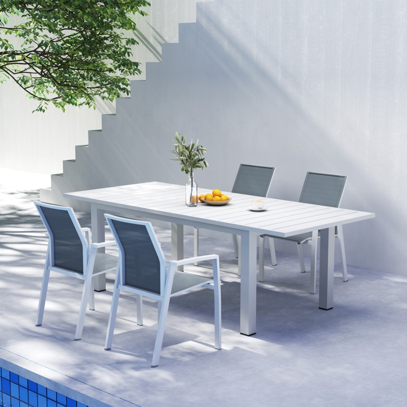 Patio Dining Set Extendable White Stackable Chairs Slatted Top