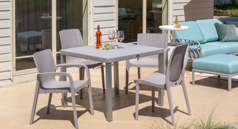 Patio Dining Set Modern Two Tone White and Teal Slatted Plastic