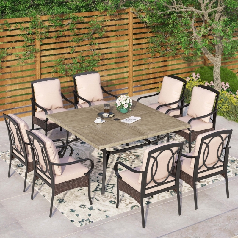 Patio Dining Set Nine Piece Square Slat Top Metal