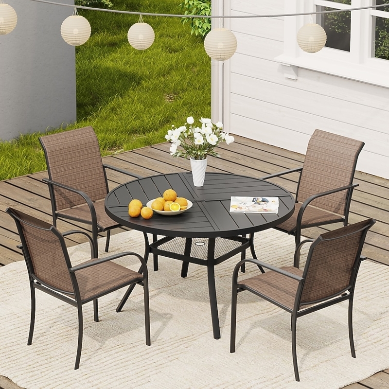 Patio Dining Set Round Mesh Tabletop with Brown Woven Fabric Chairs