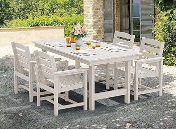 Patio Dining Set Seven Piece Group Slatted Tabletop Umbrella Hole