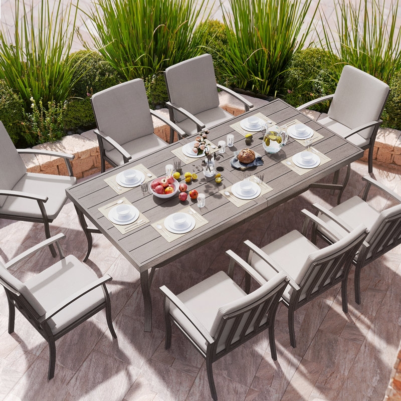 Patio Dining Set with Gray Aluminum Frames and Wood Toned Slat Top