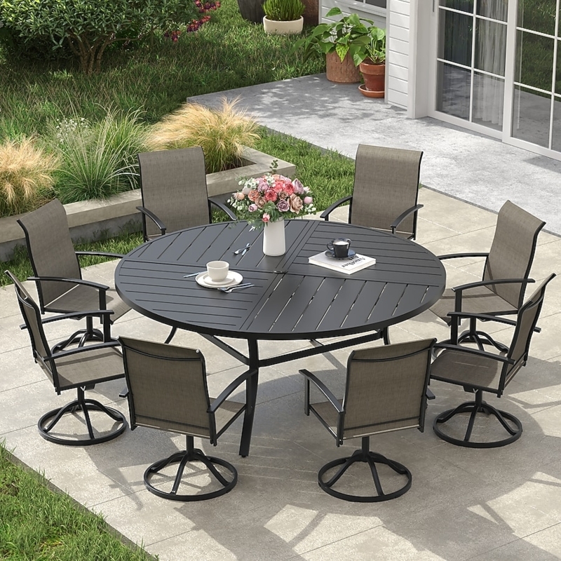 Patio Dining Set with Large Round Table and Swivel Chairs Black
