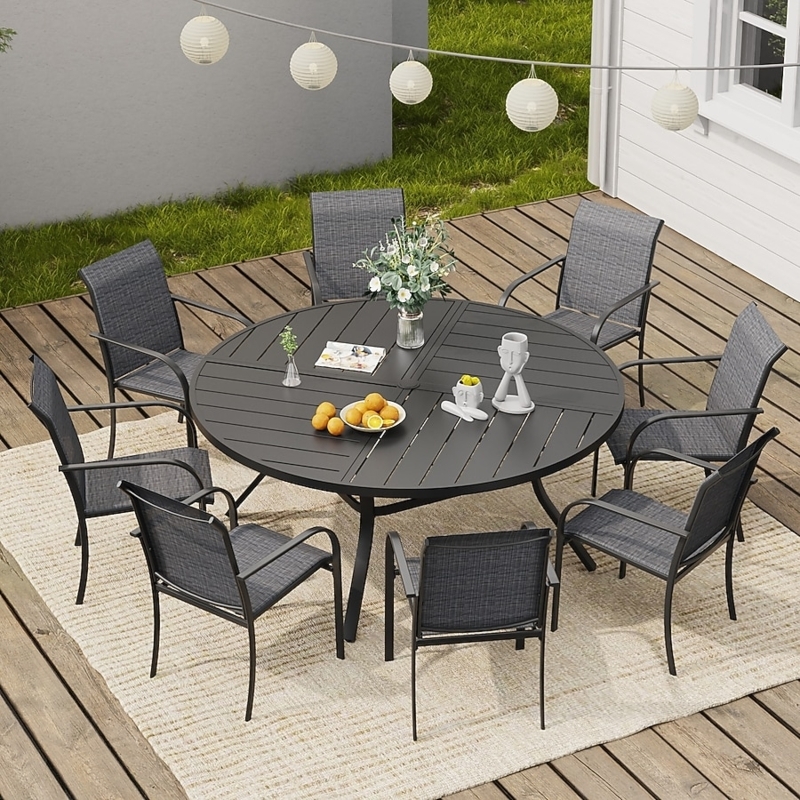Patio Dining Set with Round Slatted Table and Stackable Seating