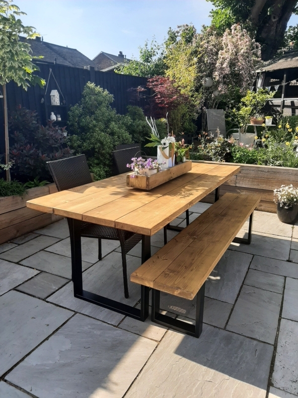 Patio Dining Set with U-Shaped Metal Legs, Thick Plank Wood.