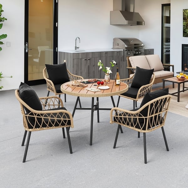 Patio Dining Set Woven Wicker Base Square Table and Blue Cushions