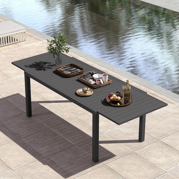 Patio Dining Table Black Aluminum Slatted Top Expandable Design