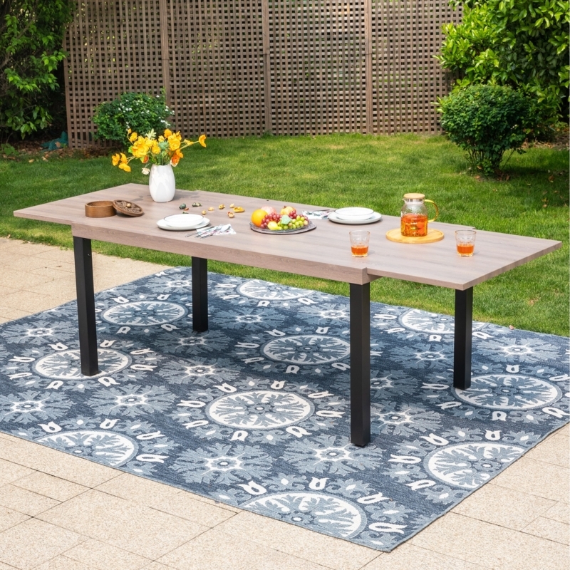Patio Dining Table: Black Metal Frame with Faux Wood Grain Slat Top
