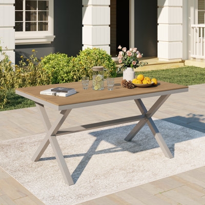 Patio Dining Table Cross Brace Legs Round Slatted Top Wood Toned