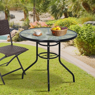 Patio Dining Table Curved Legs Textured Glass Black Garden Umbrella Hole