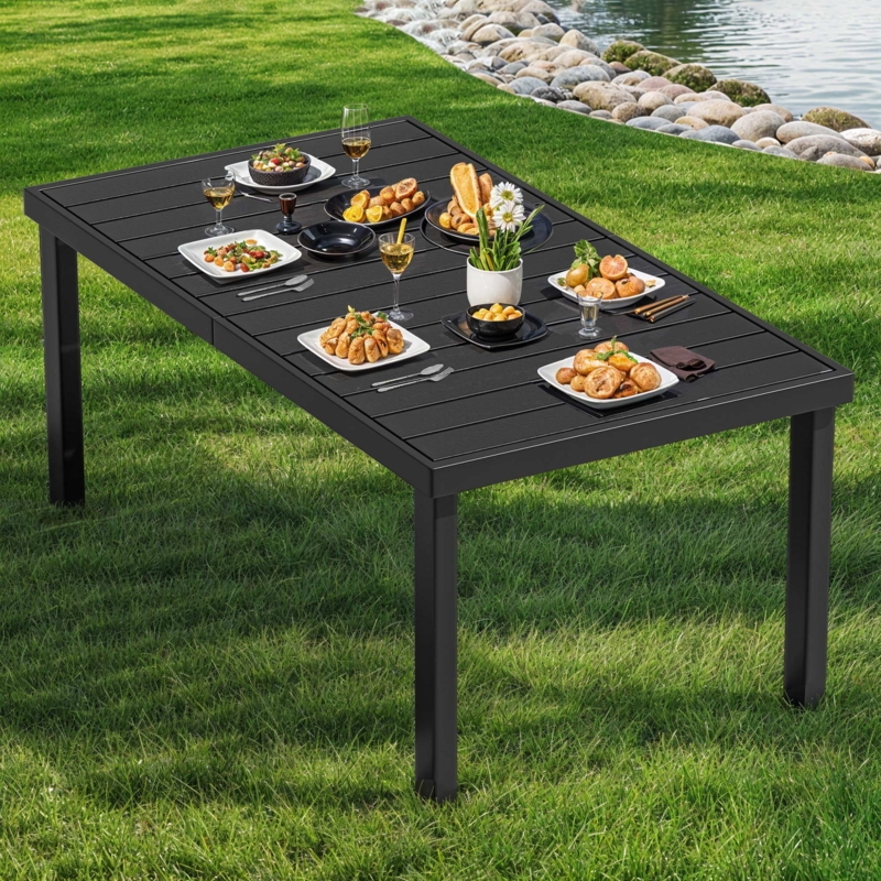 Patio Dining Table Matte Black Metal Slatted Top Minimalist Square Legs