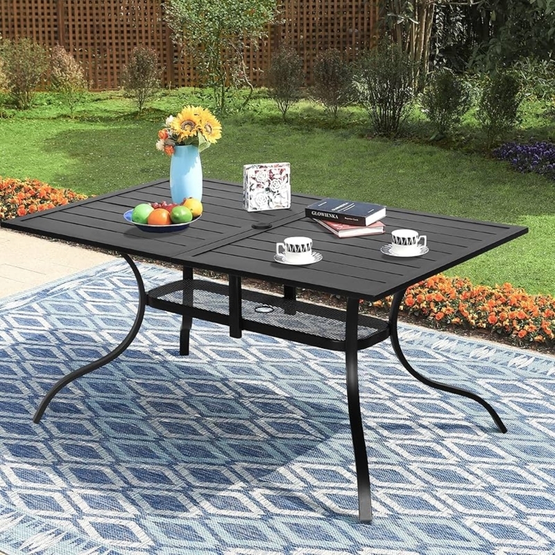Patio Dining Table: Matte Black Metal Slatted Top with Umbrella Hole