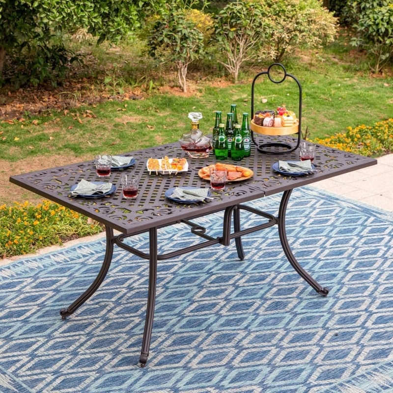Patio Dining Table Metal Dark Brown Slatted Top with Umbrella Hole