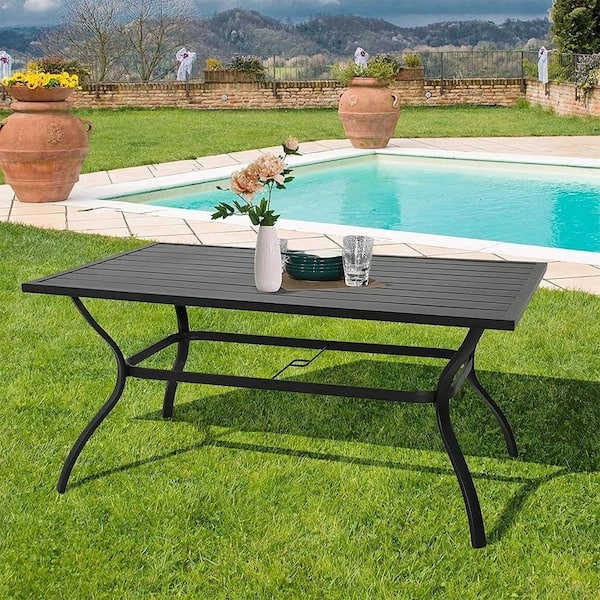 Patio Dining Table Minimalist Black Metal Slat Top Umbrella Hole