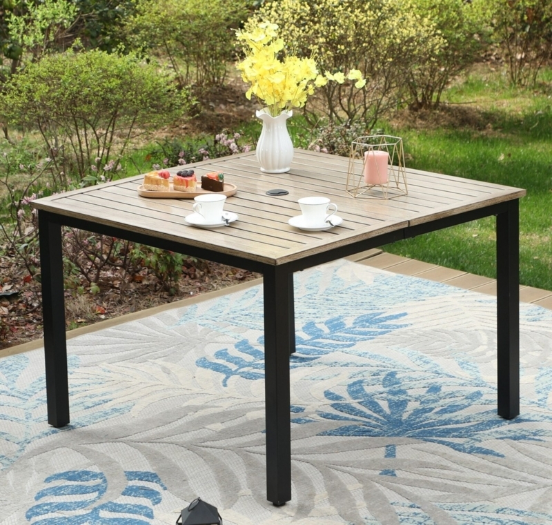 Patio Dining Table Minimalist Black Metal Slatted Top for Terrace