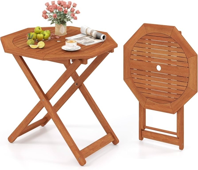 Patio Dining Table Octagonal Wood Folding with Umbrella Hole