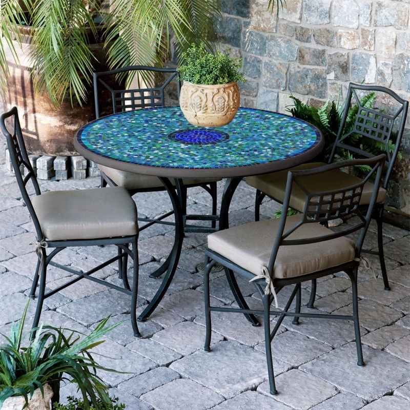 Patio Dining Table Opal Glass Mosaic Round Top Curved Legs Mediterranean