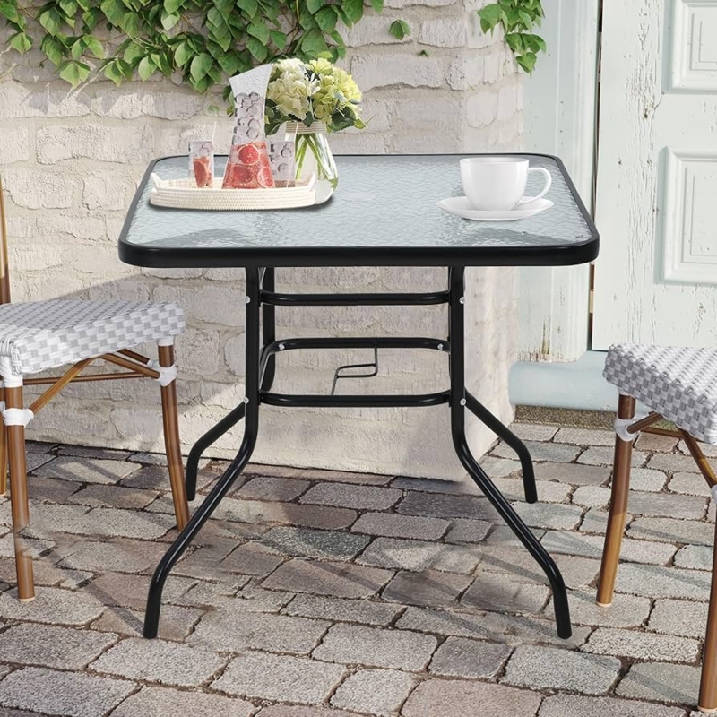 Patio Dining Table Rippled Tempered Glass Black Metal Umbrella Hole
