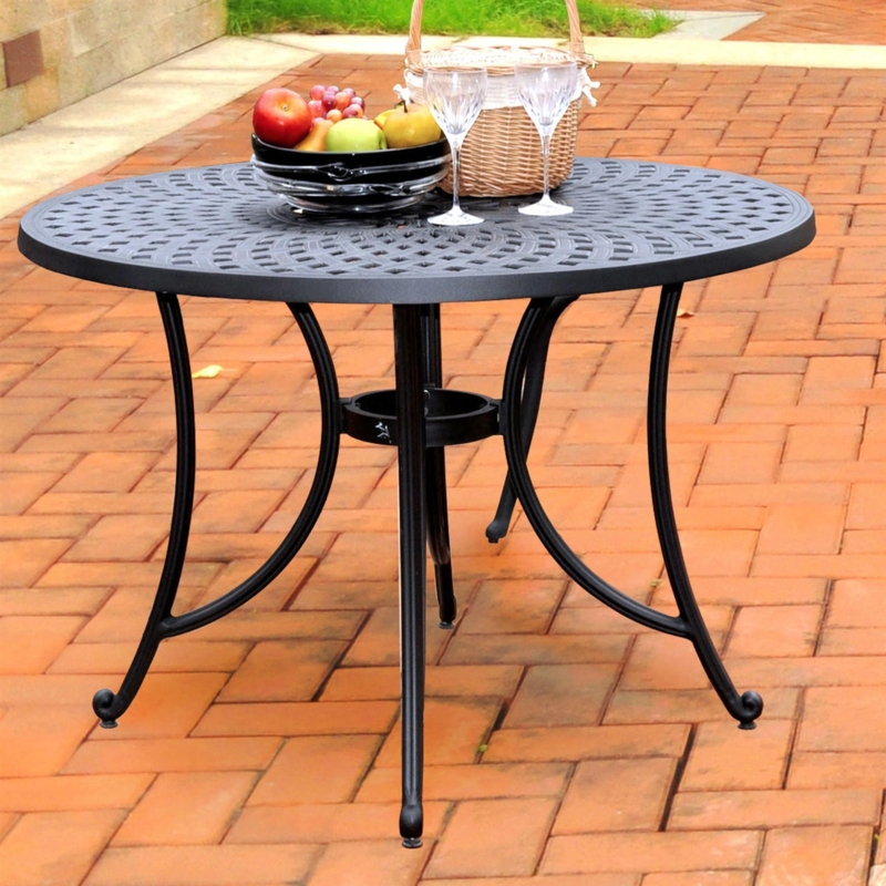 Patio Dining Table Round Metal Lattice Top Umbrella Hole Charcoal Black