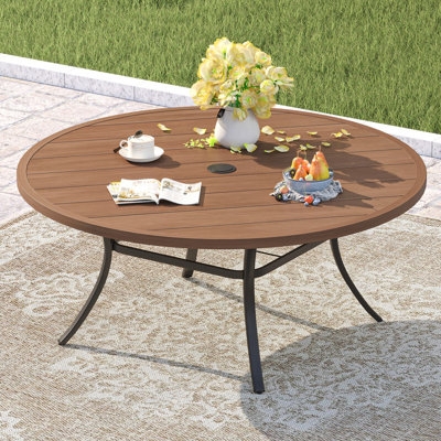 Patio Dining Table Round Silhouette Slat Top Support Ring Metal Brown