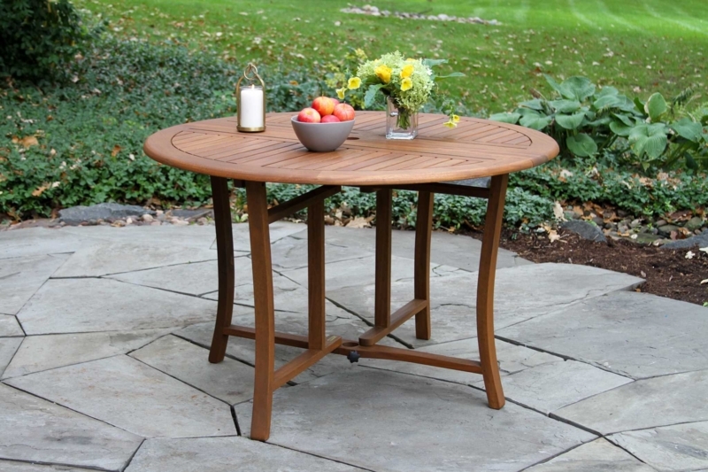 Patio Dining Table Round Warm Brown Wood Slatted Folding
